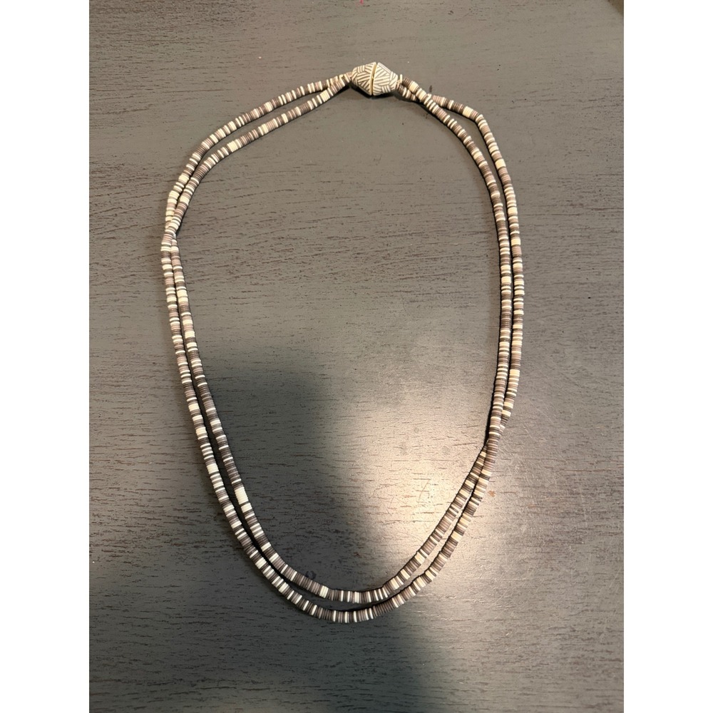 Vintage Double Strand Heishi Bead Necklace Neutral Earth Tone Shell Clasp 34 In